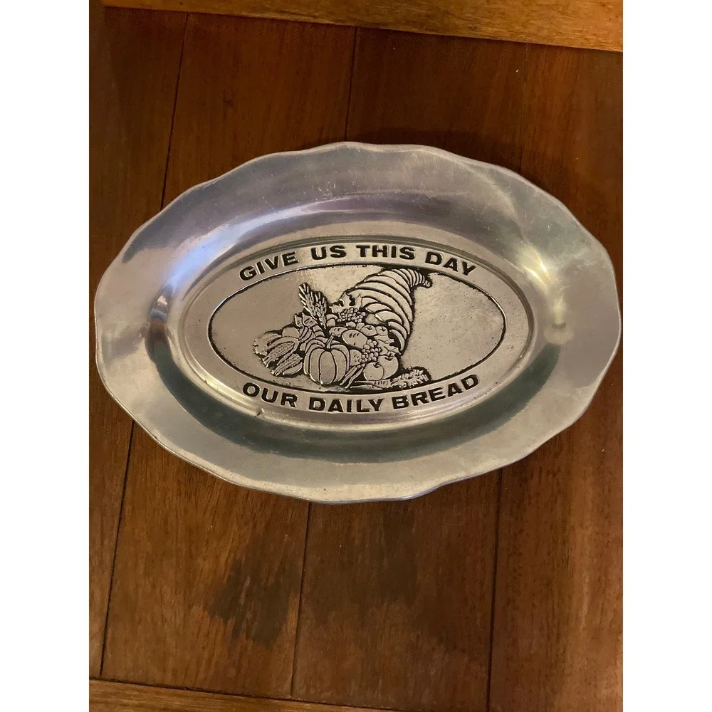 Vintage Give Us This Day Our Daily Bread Aluminum Tray Cornucopia Harvest Silver